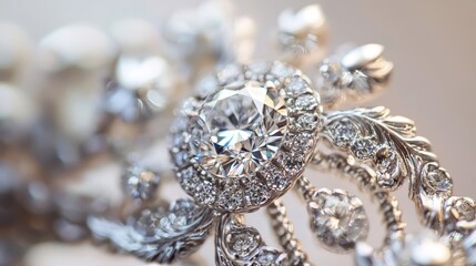 Fototapeta premium Exquisite Close-up of a Sparkling Silver Jewelry Design Featuring a Large Round Diamond Surrounded by Delicate Floral Patterns and Smaller Gemstones