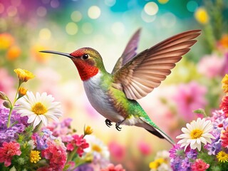 Fototapeta premium Cartoon Anime Hummingbird Flying Among Vibrant Flowers on a White Background, Showcasing a Playful and Colorful Scene Perfect for Whimsical Illustrations