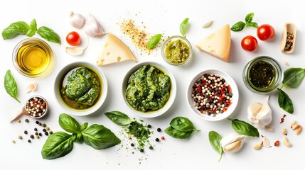 Fresh Basil Pesto Ingredients with Cheese, Garlic, and Olive Oil on White Background