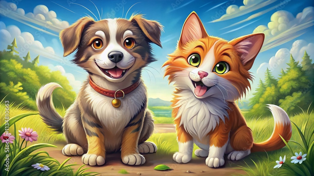 Poster cartoon dog and cat design drawings in high quality, emphasizing the rule of thirds for a playful an