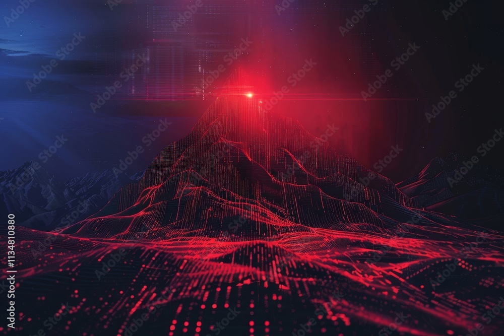 Poster a striking digital landscape features a glowing red mountain surrounded by intricate data patterns, 