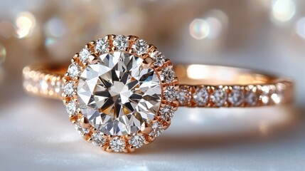 Fototapeta premium Stunning Close-Up of a Rose Gold Engagement Ring with Sparkling Diamond Center Stone Surrounded by Glittering Smaller Diamonds on Soft Background
