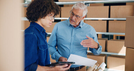 People, explain and tablet with boxes for distribution industry, inspection and order information of delivery. Men, discussion and digital for package details, stock inventory and supply chain update