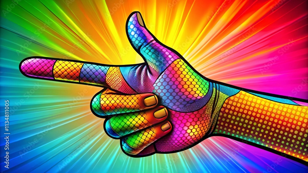 Poster cartoon hand pointing right in double exposure style with colorful background elements and 3d illust