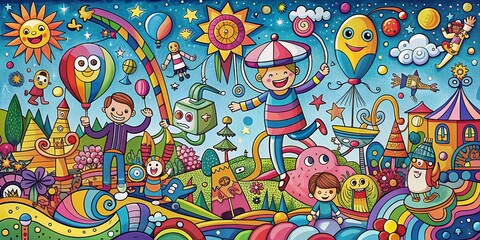 Cartoon Illustration of Abstract Leisure Activities Depicting Whimsical Scenes in a Flat Doodle Style, Perfect for Fun and Playful Visuals in Creative Projects