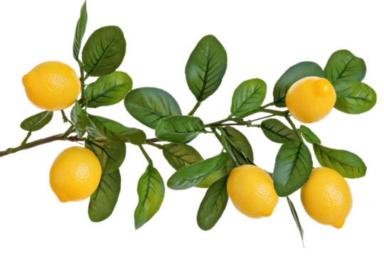 Lemon Branch with Green Leaves Isolated on PNG Transparent Background