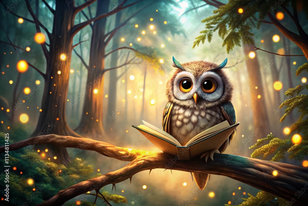 Poster cartoon owl with bokeh effect: a whimsical scene of an enchanted owl reading a book surrounded by so