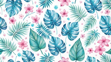 A Watercolor Seamless Pattern Featuring Lush Green Tropical Leaves and Delicate Pink Flowers on a White Background