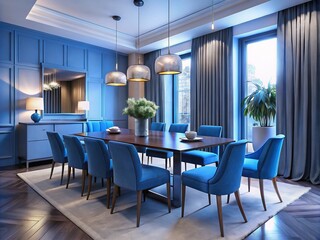 Fototapeta premium Stunning Modern Blue Dining Room with Elegant Chairs, Tablecloth, and Sleek Lighting - Perfect for Contemporary Home Decor and Stylish Entertaining Spaces
