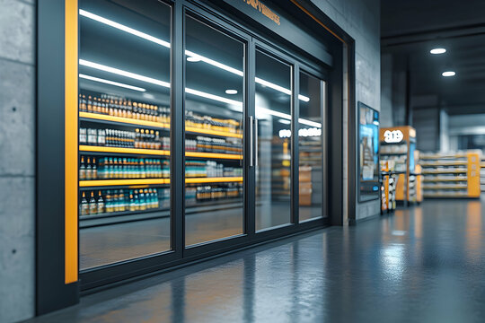 Modern refrigerated grocery store aisle with shelves stocked with various drinks and goods.