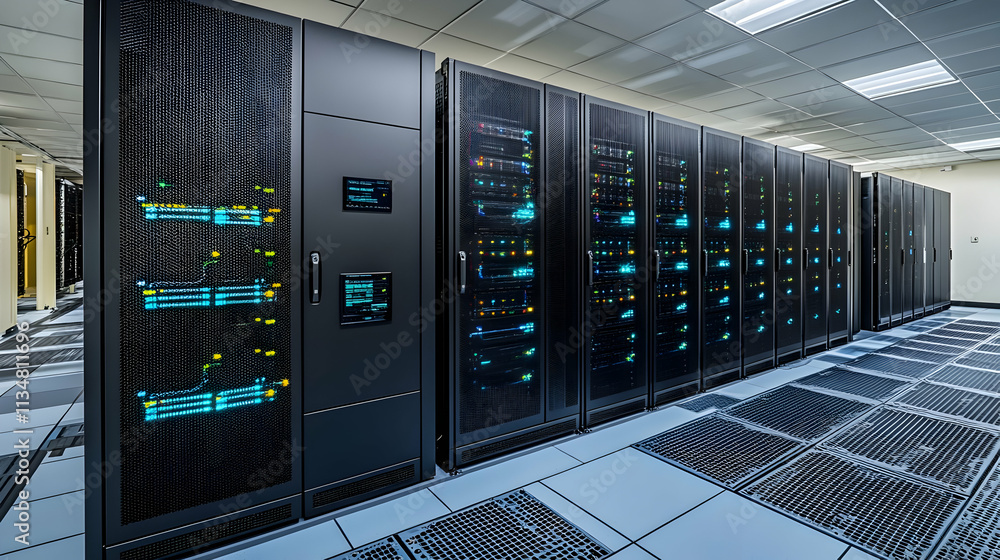 Poster modern server room with many data storage racks.