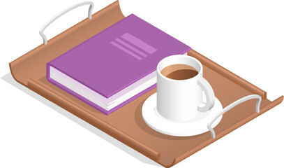 Presenting a cozy breakfast scene, a wooden tray holds a closed purple book next to a steaming cup of coffee, inviting relaxation and enjoyment in the morning light