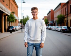 Fototapeta premium Young man wearing white sweatshirt and jeans standing on the street