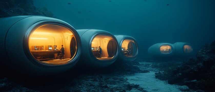Underwater pods glow with warm light in a blue abyss, sparking imagination and exploration with their futuristic design amid vast oceanic mysteries.