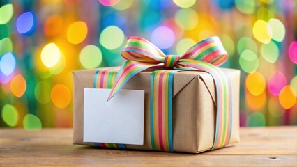 A Wrapped Gift With A Blank Tag On A Wooden Surface Against A Background Of Colorful Bokeh