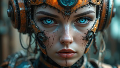 Futuristic Cyborg Woman Portrait AI Technology Cyberpunk Steampunk Closeup