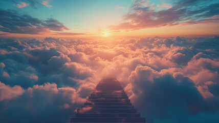 Fototapeta premium Staircase leading into clouds towards a sunset