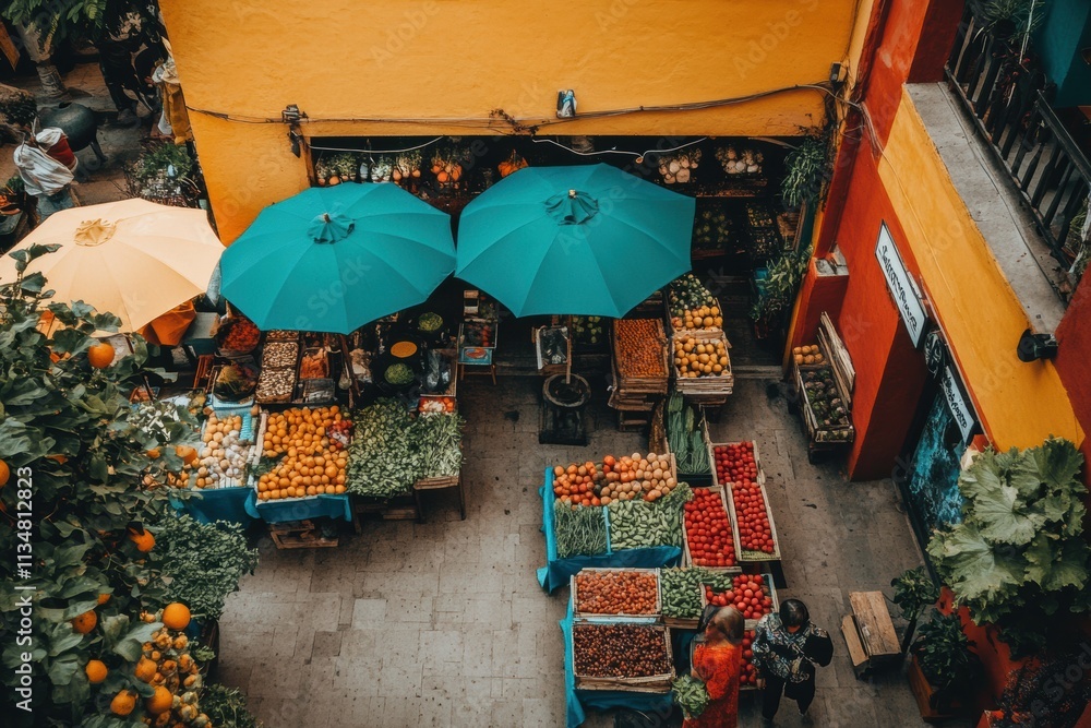 Poster Stalls filled with fresh fruits and vegetables invite shoppers, while colorful umbrellas provide shade on a sunny afternoon at the market. Generative AI