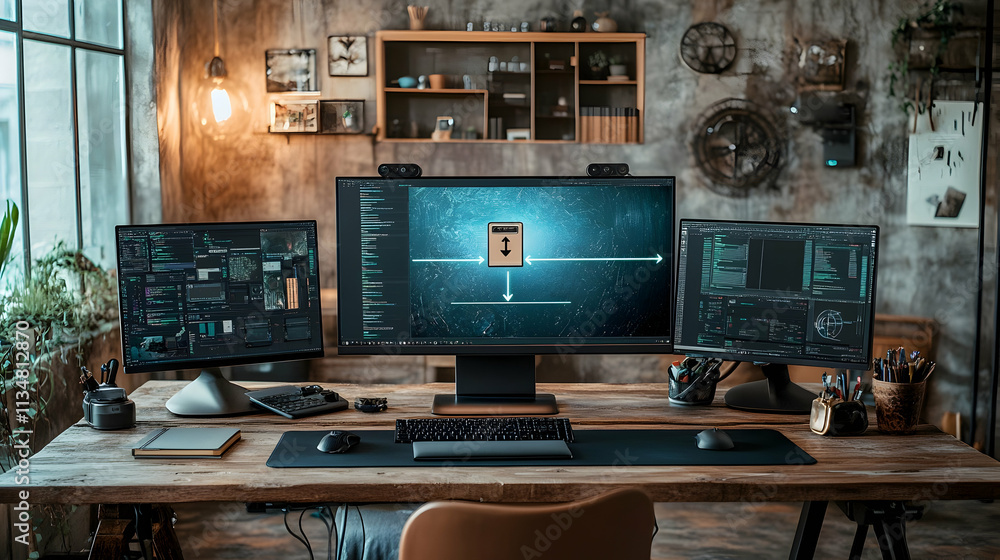 Poster modern workspace with triple monitors displaying logistics software.