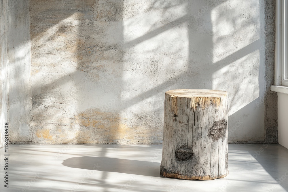 Poster wooden stump with soft natural lighting and shadow patterns on light gray wall for mockup product di