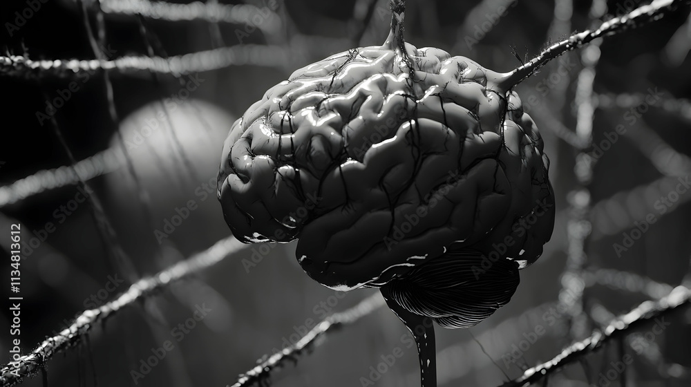 Poster monochrome 3d render of a brain entangled in a network.