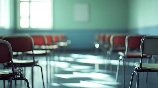 Empty defocused classroom, blurred school classroom with empty chairs 