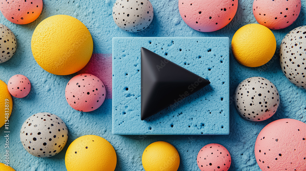Poster a colorful array of balls and a black arrow pointing to the right