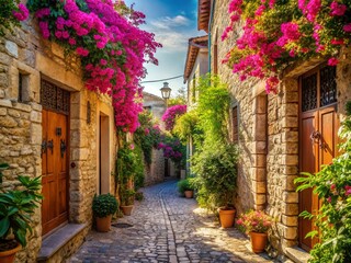 Fototapeta premium Charming Alleyway in Lefkara, Cyprus: A Serene Escape with Traditional Stone Walls and Vibrant Bougainvillea, Perfect for Travel Enthusiasts and Cultural Explorers