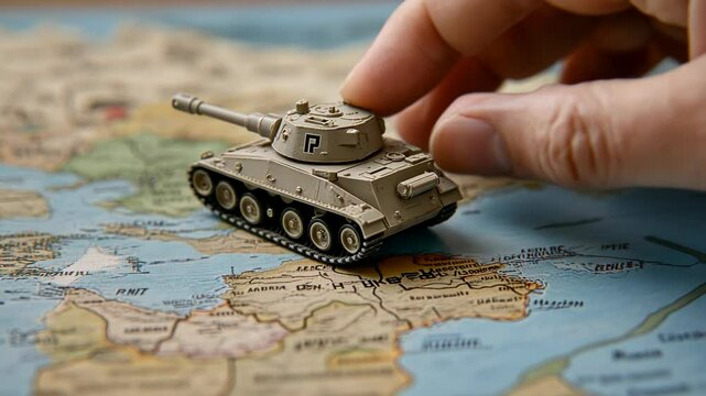 Military Tank Model Over World Map Terrain
