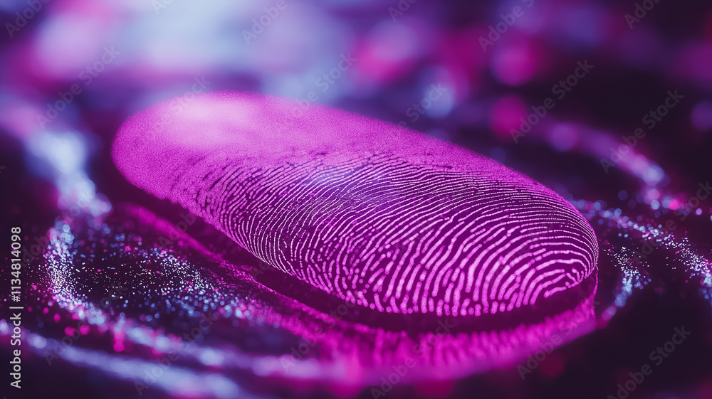 Poster a purple object with a fingerprint on it. the object is a cell phone. the image has a futuristic and