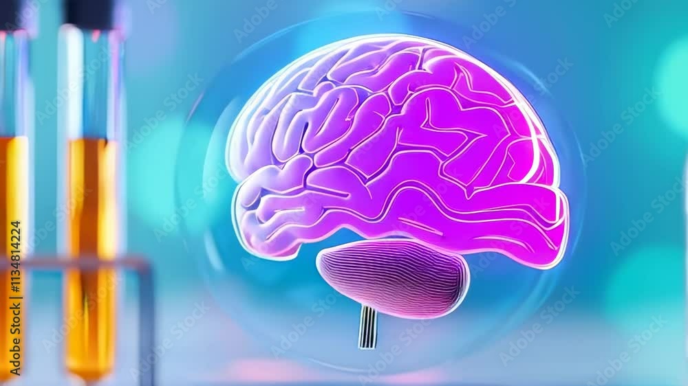 Poster futuristic glowing brain model in laboratory setting with test tubes for advanced scientific explora