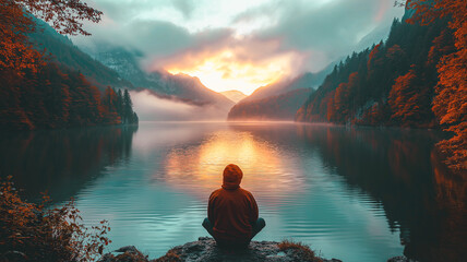 A man sits on a rock by a lake, looking out at the water. The sky is orange and the sun is setting, creating a peaceful and serene atmosphere