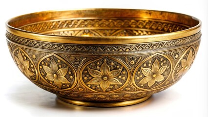 Ornate brass bowl with intricate floral pattern, brass, bowl, ornate, floral, pattern, intricate, metallic, vintage