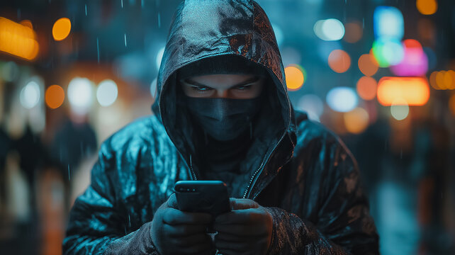 A man in a hoodie is holding a cell phone in a rainy city. Concept of isolation and detachment from the world, as the man is focused on his phone rather than his surroundings