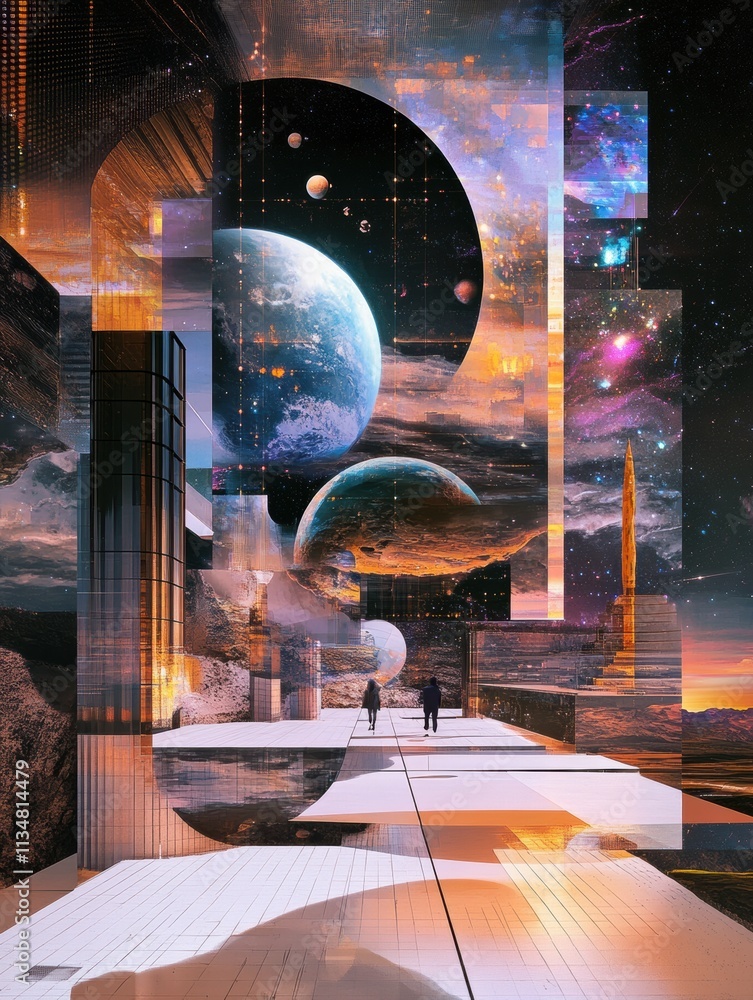 Poster Visitors explore a futuristic digital gallery filled with virtual artworks and avatars against a backdrop of planets and cosmic scenery. Generative AI