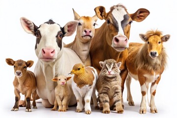 Fototapeta premium Charming Collection of Adorable Farm Animals and Pets Isolated on White Background for Engaging Illustrations and Educational Materials