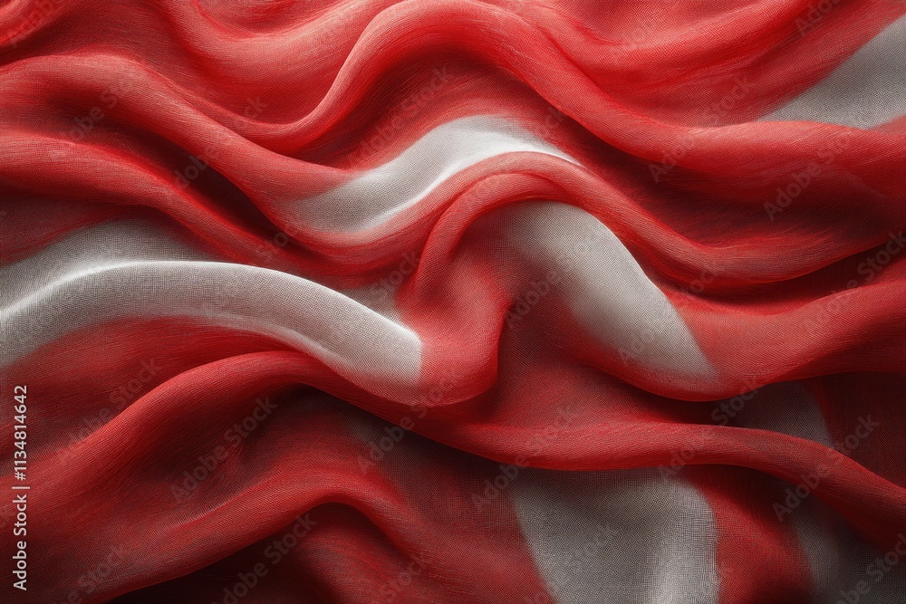 Aufkleber crumpled red fabric with white stripe close-up texture background