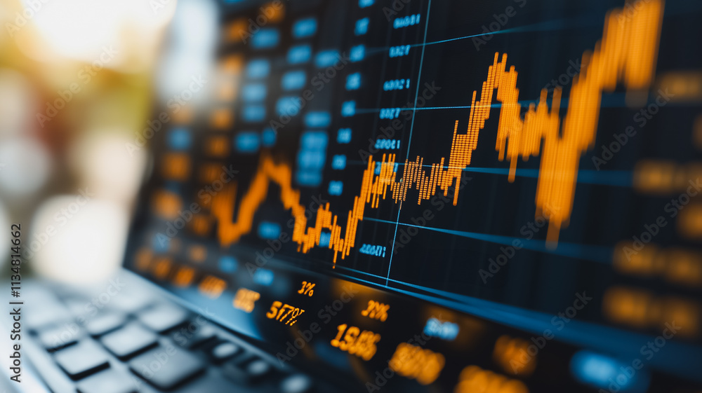 Poster a computer screen shows a graph of stock prices