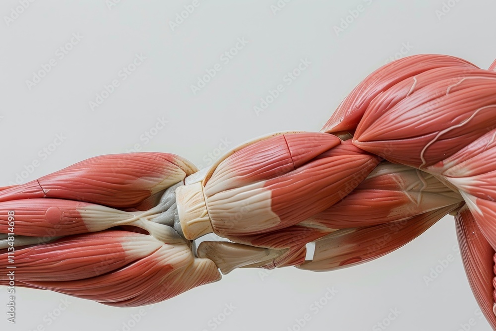 Poster a close-up view of a human arm anatomy model highlights intricate muscle structures, demonstrating t