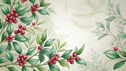 Watercolor Botanical Illustration with Lush Green Foliage and Vibrant Red Berries on a Delicate Background