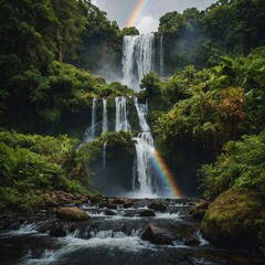 Obraz premium A cascading waterfall surrounded by lush greenery and rainbows.