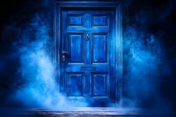 Mysterious blue door in smoky dark room.
