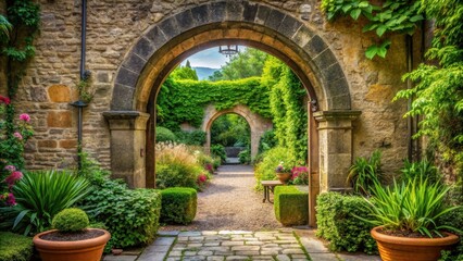 Fototapeta premium A scenic garden featuring a stone archway leading to a peaceful courtyard, garden, beautiful, stone archway