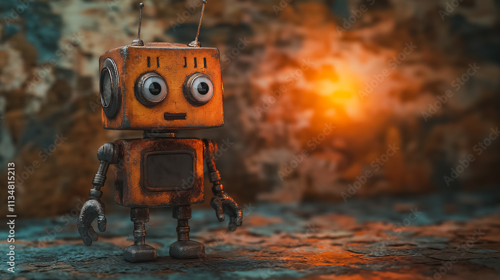 Poster a robot with a creepy face stands in front of a wall. the robot is orange and has a creepy expressio