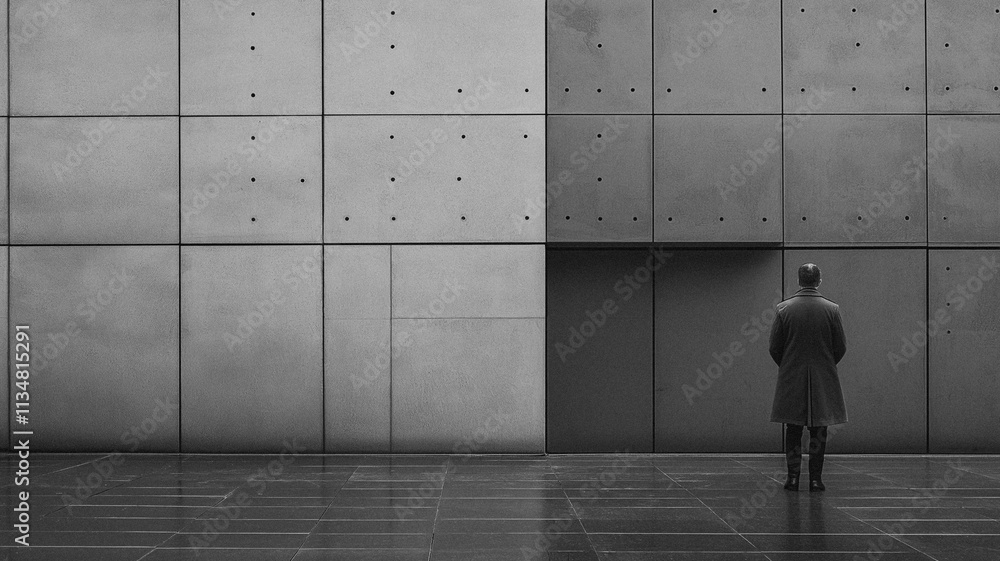 Aufkleber a man stands in front of a wall with a large gap in it. the man is wearing a black coat and he is lo