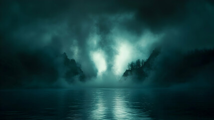Obraz premium Mysterious foggy lake scene at night with dark mountains.