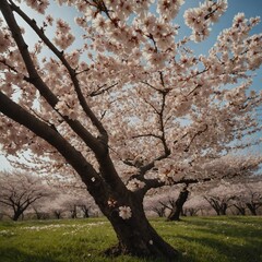 Fototapeta premium A blooming cherry blossom tree with petals drifting in the wind.