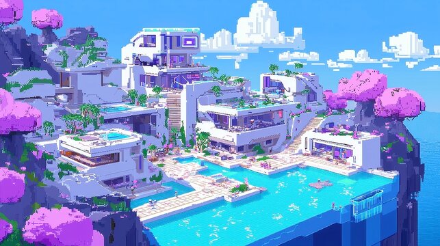 Futuristic Island Escape, a vibrant oasis blending retro 8-bit aesthetics with modern luxury, offering immersive experiences in a digitally crafted paradise.