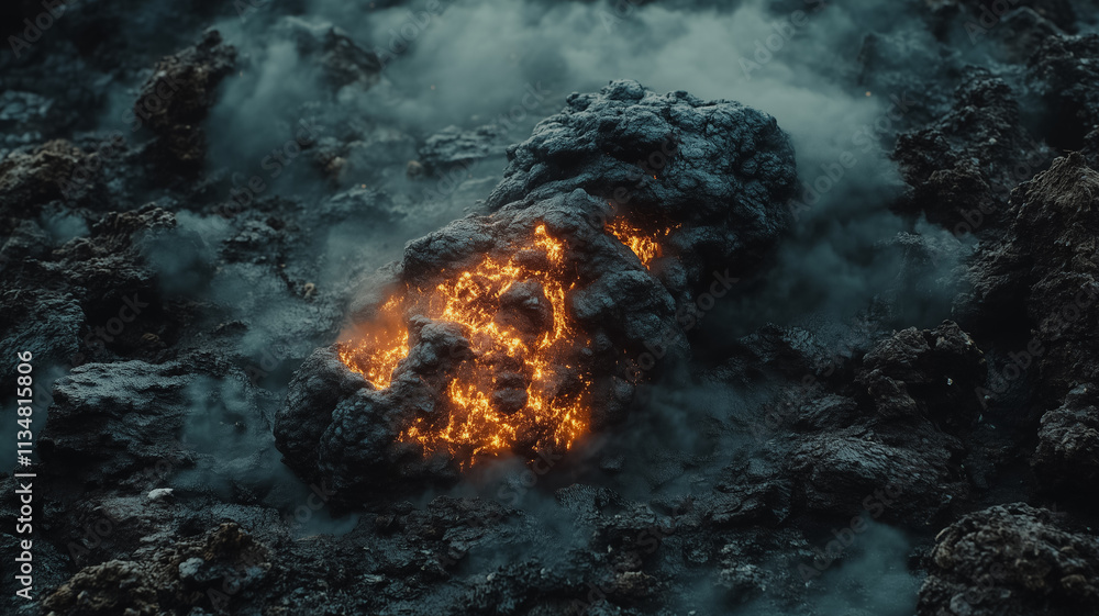 Poster a large rock with a fire on it in the middle of a field