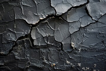 The cracked black surface displays complex patterns formed over time, showcasing signs of...